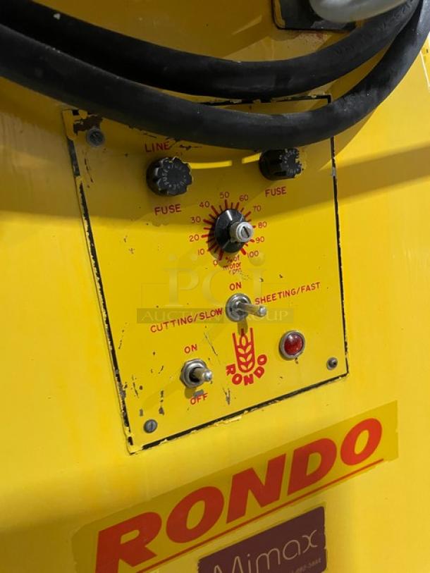 Seewer Rondo Model SS064C electric dough sheeter with fold-up conveyor belt, control panel shown, on casters, SN: A6019004.