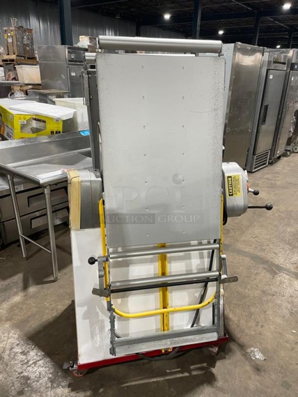 Seewer Rondo SS064C electric dough sheeter, fold-up conveyor, on casters, SN: A6019004, commercial-grade, excellent condition.