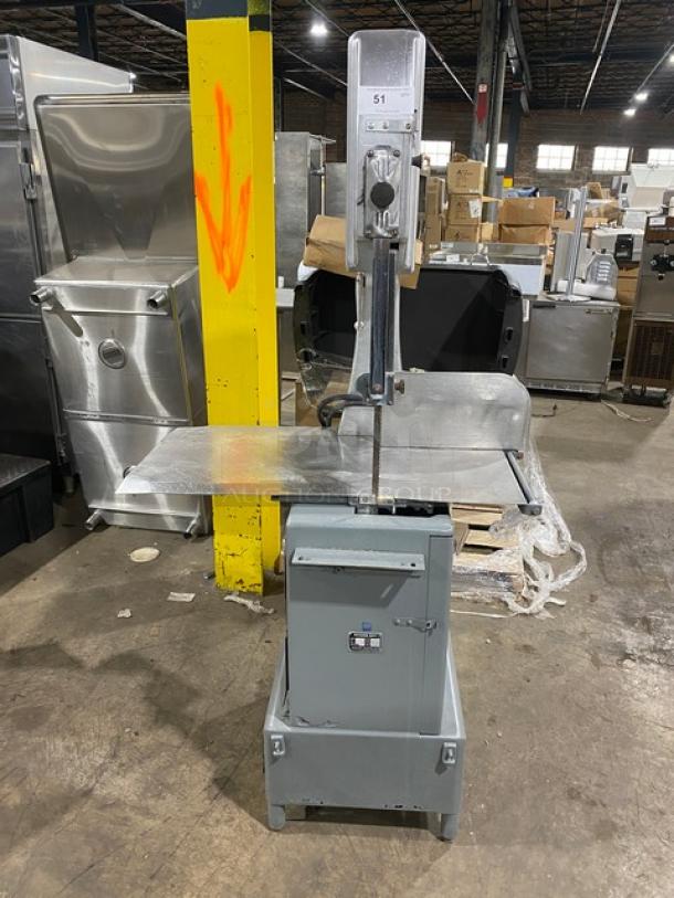 Butcher Boy B16 commercial stainless steel meat band saw, free-standing; electric-powered, 208V 3 phase, on legs, SN: 6-8427.