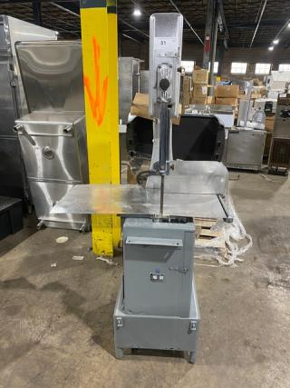 Butcher Boy B16 commercial stainless steel meat band saw, free-standing; electric-powered, 208V 3 phase, on legs, SN: 6-8427.