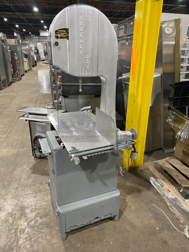 Butcher Boy Model B16 stainless steel meat band saw, electric-powered, 208V 3-phase, free-standing on legs, SN: 6-8427.