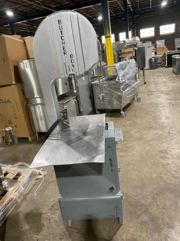 Butcher Boy B16 commercial stainless steel meat band saw, electric-powered, 208V 3 Phase, heavy-duty, free-standing on legs.