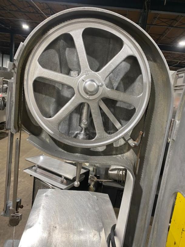 Butcher Boy B16 meat band saw, stainless steel, electric, free-standing, heavy-duty, 208V 3 phase, serial 6-8427, on legs.