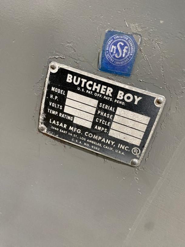 Butcher Boy B16 commercial meat band saw label, showing model and serial number 6-8427, 208V, 3 phase, by Lasar Mfg.