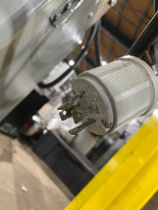 Butcher Boy B16 meat band saw, stainless steel, electric, 208V 3-phase, model SN: 6-8427, on legs, plug detail shown.