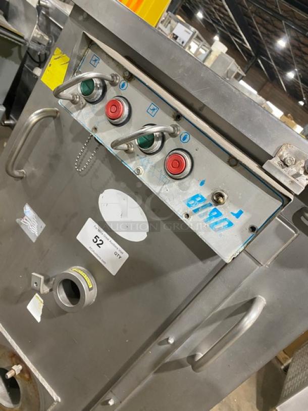 Biro commercial stainless steel meat mixer/grinder on casters, featuring control panel with labeled buttons and sturdy handles.