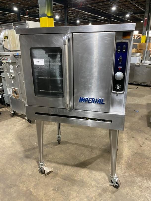 Imperial PCVG1 stainless steel gas convection oven, single-stack, wired rack, on casters. Model: PCVG-1, Serial: 08159322.