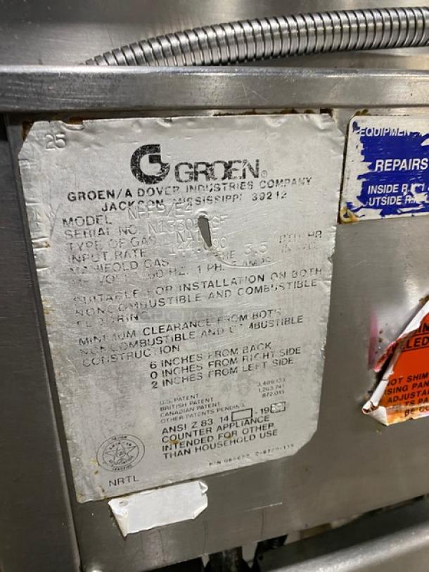 Groen Stainless Steel 40 Gal. Ultra Tilt Skillet/Braising Pan, Model NHFPE4, with single spout faucet, visible label showing model and serial number.