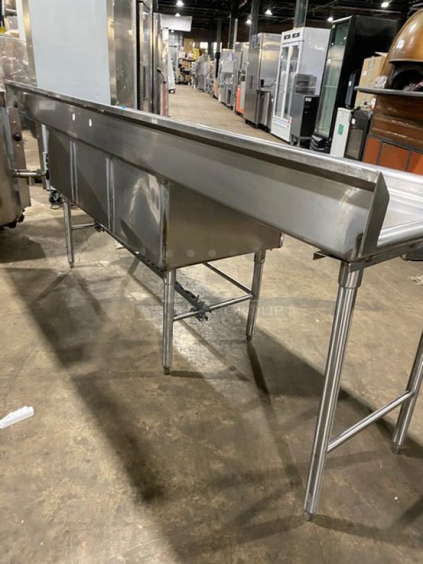 Wasserstrom stainless steel 3-compartment sink with left and right drain boards, on legs. Commercial-grade, excellent condition.