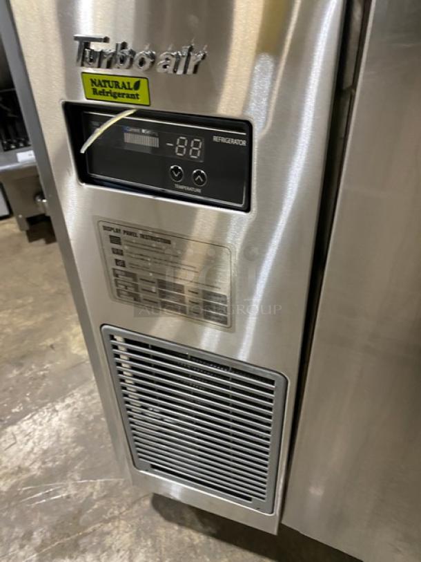 Turbo Air JBT-72-N stainless steel 3-door refrigerated buffet table with sneeze guard, poly rack, label shows -88, 115V.