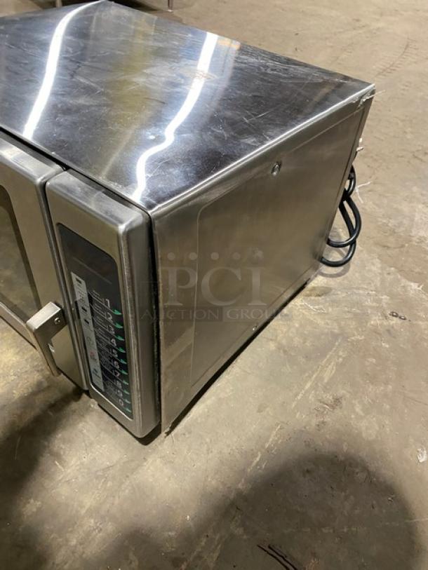 Menumaster RFS12TSW commercial stainless steel microwave oven with digital push button controls, 120V, countertop model.