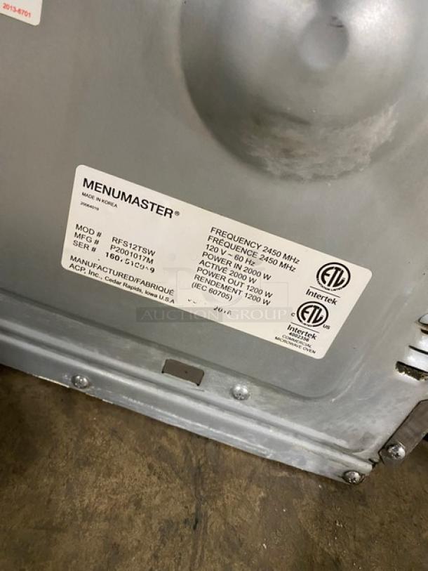 Menumaster RFS12TSW stainless steel commercial microwave oven with digital controls, 120V, ETL listed.