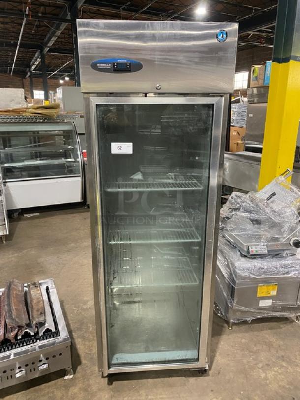 Hoshizaki stainless steel single glass door merchandiser refrigerator, model CR1S-FGECR, Energy Star certified, on casters.