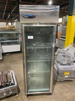 Hoshizaki stainless steel single glass door merchandiser refrigerator, model CR1S-FGECR, Energy Star certified, on casters.