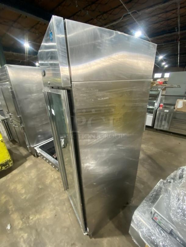 Hoshizaki stainless steel glass door merchandiser refrigerator, Model CR1S-FGECR, Energy Star certified, poly coated rack, on casters.