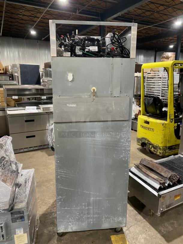 Hoshizaki stainless steel merchandiser refrigerator, model CR1SFGECR, single glass swing door, on casters, Energy Star certified.