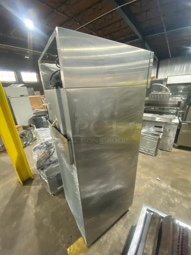 Hoshizaki stainless steel single glass swing door merchandiser refrigerator, Model CR1S-FGECR, on casters, Energy Star certified.