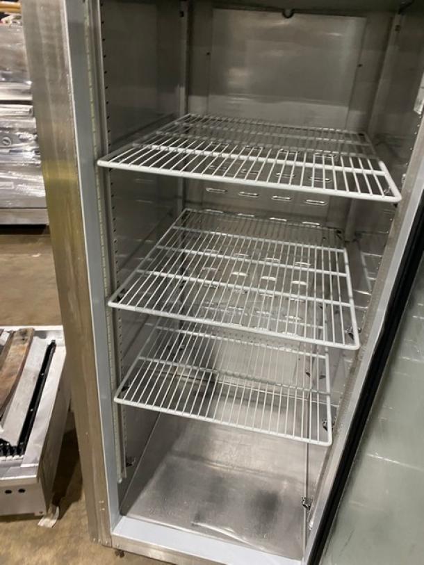 Hoshizaki stainless steel reach-in merchandiser refrigerator, model CR1SFGECR, glass door, poly-coated wire racks, on casters.