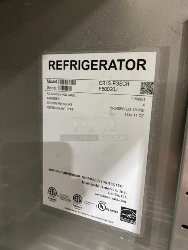 Hoshizaki CR1S-FGECR Stainless Steel Reach-In Refrigerator, glass door, Energy Star, poly-coated wired rack, on casters.