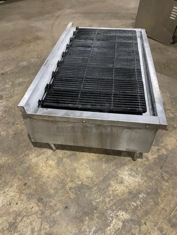 Vulcan VCCB47-1 stainless steel countertop charbroiler with cast iron grates, on legs, natural gas-powered, commercial use.