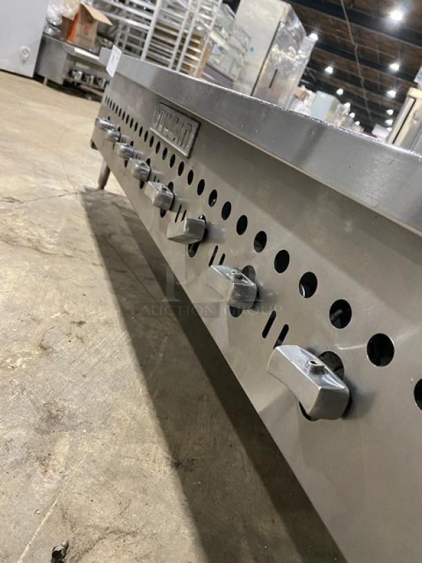 Vulcan VCCB47-1 commercial stainless steel countertop char broiler with cast iron grates and visible control knobs.