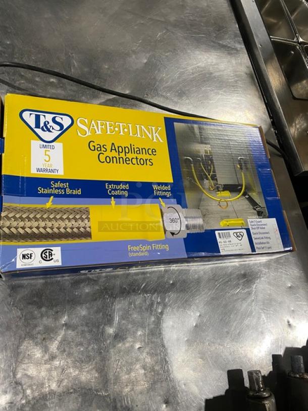Brand new T&S Brass Safe-T-Link 48" gas appliance connector hose, model HG6D48. Features free-spin fitting, extruded coating, stainless braid, welded fittings, and 5-year warranty.