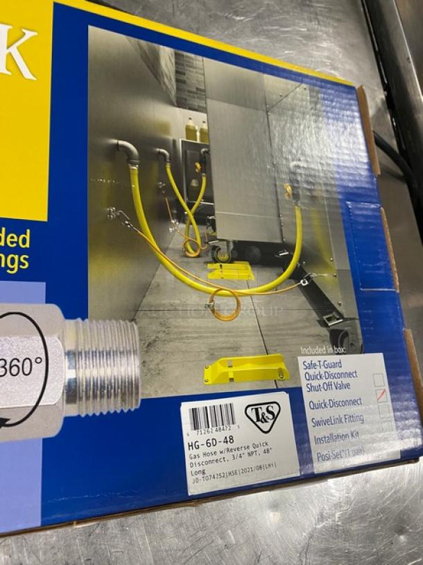 Brand new T&S Brass HG-6D-48 48” Quick-Disconnect Gas Appliance Connector Hose in packaging with included fittings.