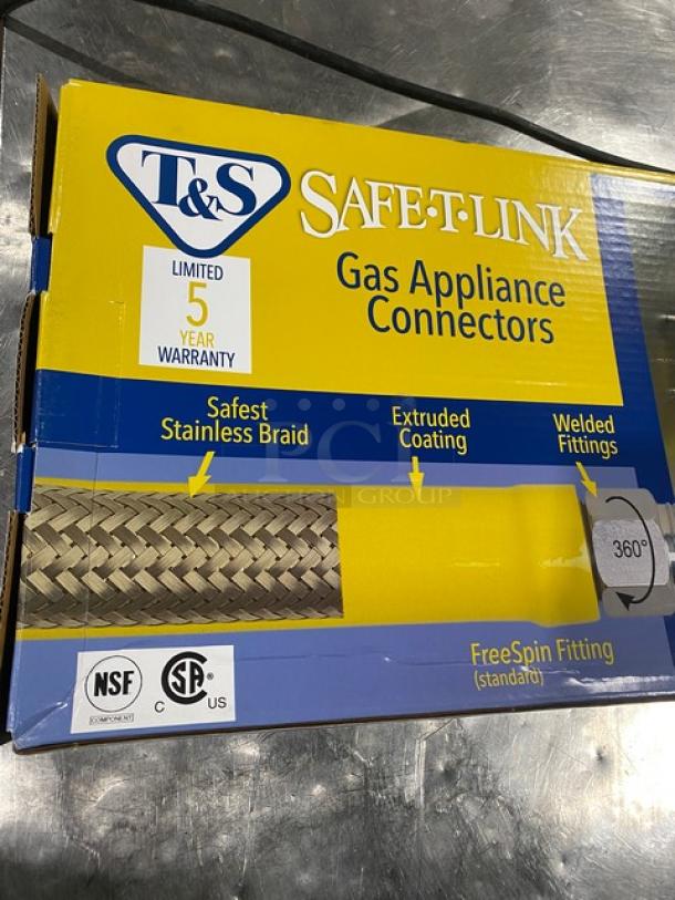BRAND NEW T&S Brass Safe-T-Link Series HG-6D-48 Commercial Gas Connector Hose, 48", stainless steel braid, extruded coating, free-spin fitting, limited 5-year warranty, NSF certified.