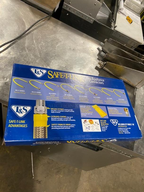 BRAND NEW T&S Brass Safe-T-Link Series 48” gas appliance connector hose, Model HG-6D-48, in original packaging.