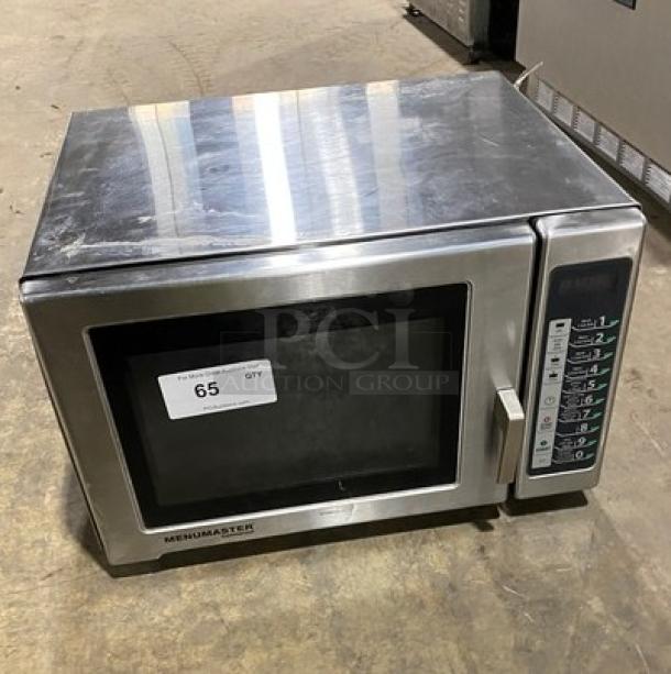 Menumaster RFS12TSW commercial stainless steel microwave oven with digital push button controls, 120V; slight surface wear.