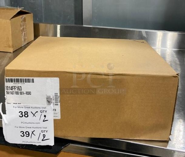 New Cambro Commercial Rose Red 10"x14" Fast Food Tray, Model 1014FF163, in sealed box. Box label visible.