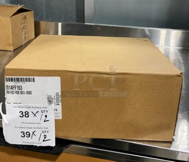 Cardboard box containing Cambro Commercial 10"x14" Rose Red Serving Tray, Model 1014FF163, new condition with tags.
