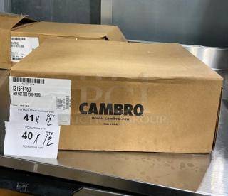 Cambro Commercial Rose Red 12"x16" Tray, Model 1216FF163, new in box, label showing model and quantity details.