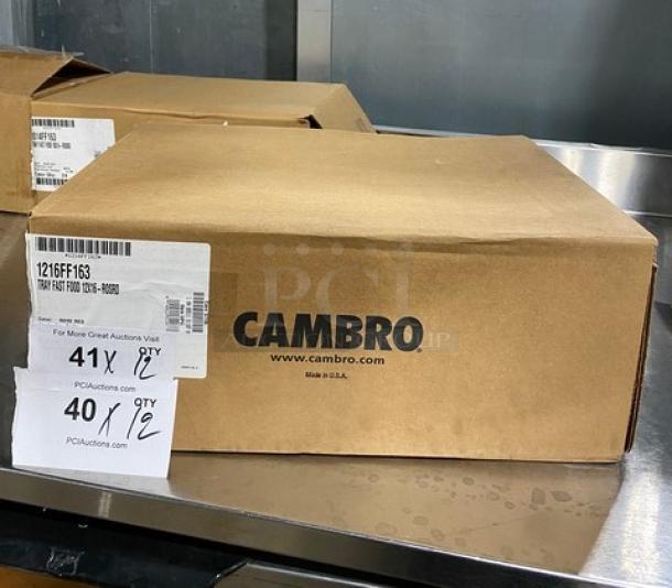 Cambro commercial serving tray box, model 1216FF163, rose red, 12"x16", new condition, label indicates quantity.