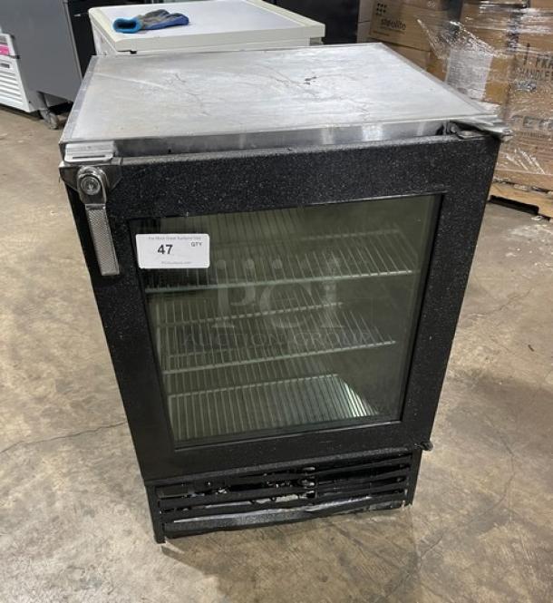 Glastender MFV24-GNL countertop mug chiller, 2018 model. Stainless steel, black powder-coated, with glass door and poly-coated wire rack.