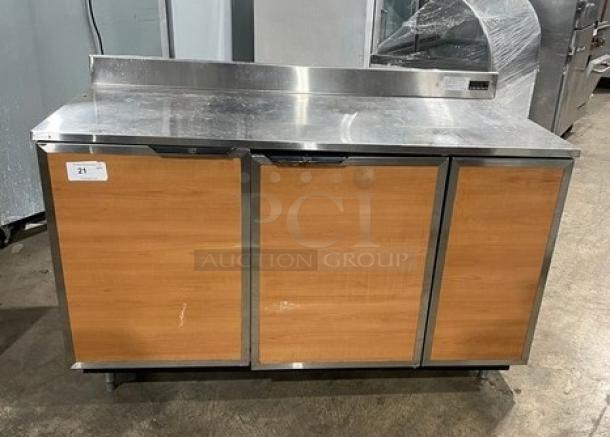 Duke Commercial Stainless Steel 2-Door 60" Worktop Refrigerator, Model RBC60M, with up-turned backsplash, on legs, 120V 1-phase.