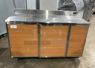 Duke Commercial Stainless Steel 2-Door 60" Worktop Refrigerator, Model RBC60M, with up-turned backsplash, on legs, 120V 1-phase.