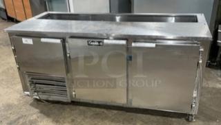 Leader Commercial Stainless Steel 2-1/2 Door Refrigerated Salad/Sandwich Prep Table, poly coated wired rack, 115V, on casters.