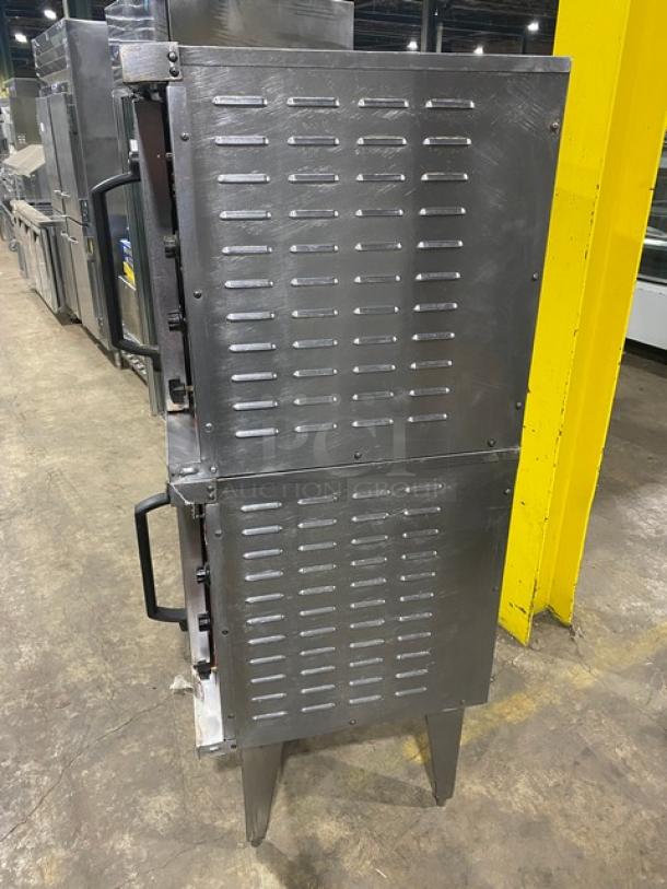 Vulcan commercial stainless steel double-stacked gas convection oven, wired rack, on legs, excellent condition.