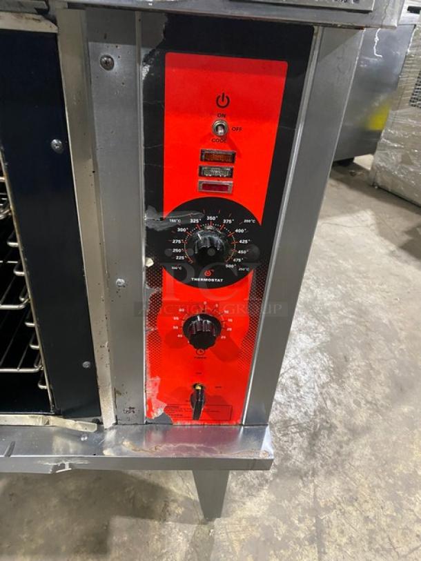 Vulcan Commercial Stainless Steel Gas Convection Oven, double stacked, with wired oven rack, on legs, thermostat display.