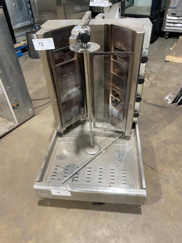 Visvardis DG12V Turbo Gyro Machine, stainless steel, 6 double burners, liquid propane/natural gas, model SN: 0377, on legs.