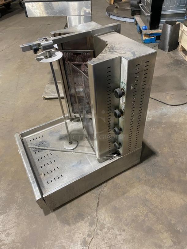 Visvardis DG12V Turbo Gyro Machine, stainless steel, 6 double burners, liquid propane/natural gas, on legs, SN: 0377.