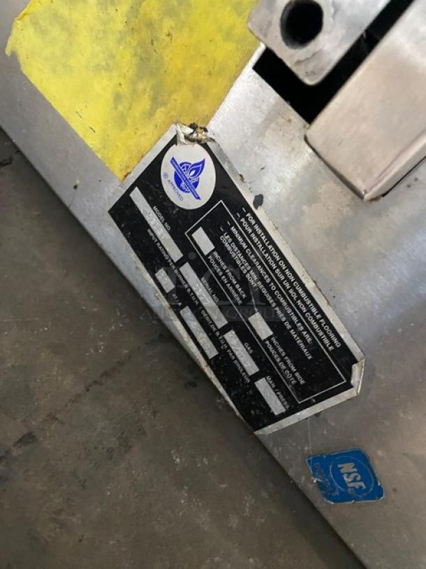 Visvardis DG12V Turbo Gyro Machine, stainless steel, 6 double burners, propane/natural gas, model plate and NSF label visible.