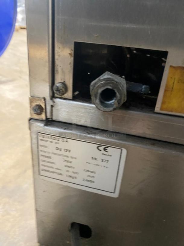 Visvardis DG12V Turbo Gyro Machine, stainless steel, 6 double burners, liquid propane/natural gas, SN: 0377, on legs.