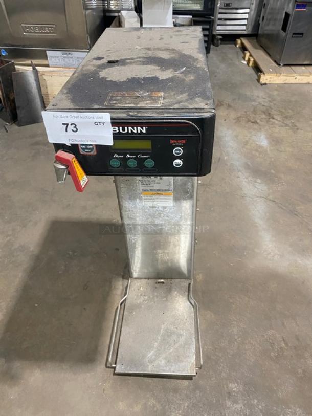 Bunn Infusion Series ITCB-DV commercial tea/coffee brewer with digital controls, stainless steel, hot water dispenser, used condition.