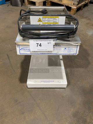 Oliver Commercial White Powder Coated Stainless Steel Electric Powered Countertop Gravity-Feed Mini Chip/Bagel Slicer! Model: 738 SN: 189180! 115V 1 Phase! WORKING WHEN REMOVED! - Item #1226480