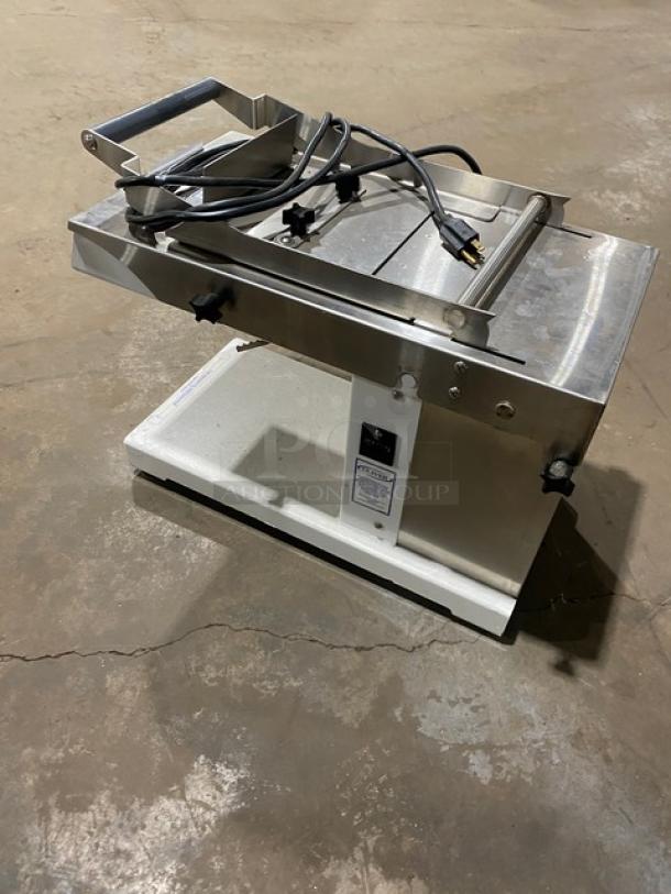 Oliver Model 738 countertop gravity-feed mini slicer, stainless steel, white powder-coated, electric-powered, 115V, SN: 189180.