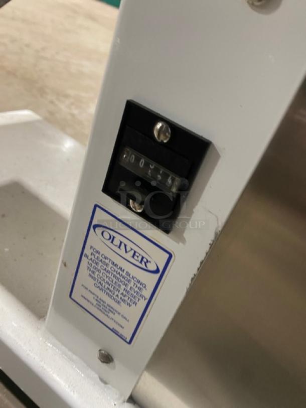 Oliver Model 738 commercial mini chip/bagel slicer, white powder-coated stainless steel, countertop, electric, SN 189180.