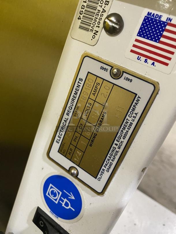 Oliver Model 738 countertop slicer, white powder-coated stainless steel, electric, 115V, 1-phase. Includes specifications label.