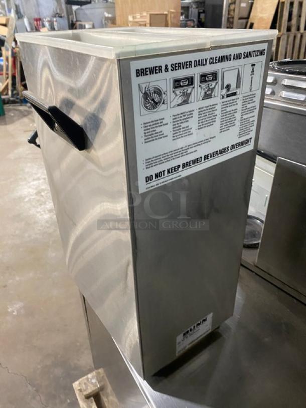 Bunn TD4T iced tea dispenser, stainless steel, dual 1.5 gal reservoirs, commercial use, cleaning instructions on side.
